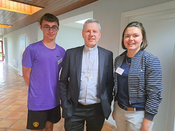 Bishop Fintan Gavin with WYD pilgrims Dean O'Brien and Sarah Ryan-Purcell. Bishop Fintan Gavin with WYD pilgrims Dean O'Brien and Sarah Ryan-Purcell.