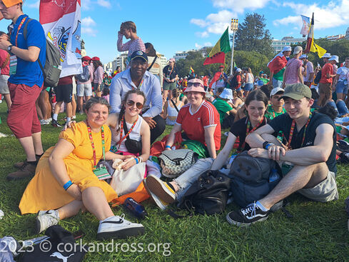 Rosaleen Piero Doyle, Rebekah Dilworth, Amy Jenks, Ena O'Driscoll and Michael Collins before the WYD opening Mass. Rosaleen Piero Doyle, Rebekah Dilworth, Amy Jenks, Ena O'Driscoll and Michael Collins before the WYD opening Mass.